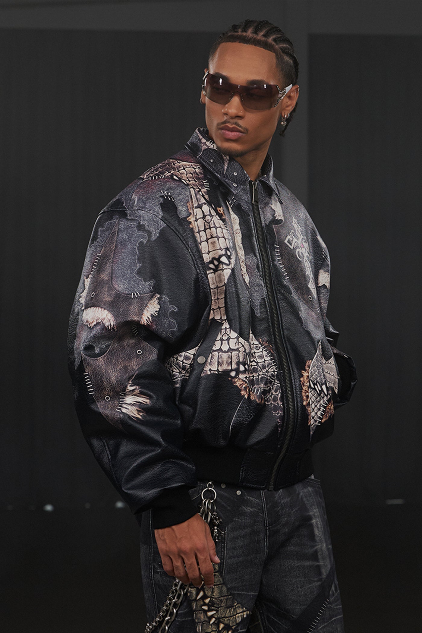 Jeweled Cross Spliced Pythonskin Leather Jacket