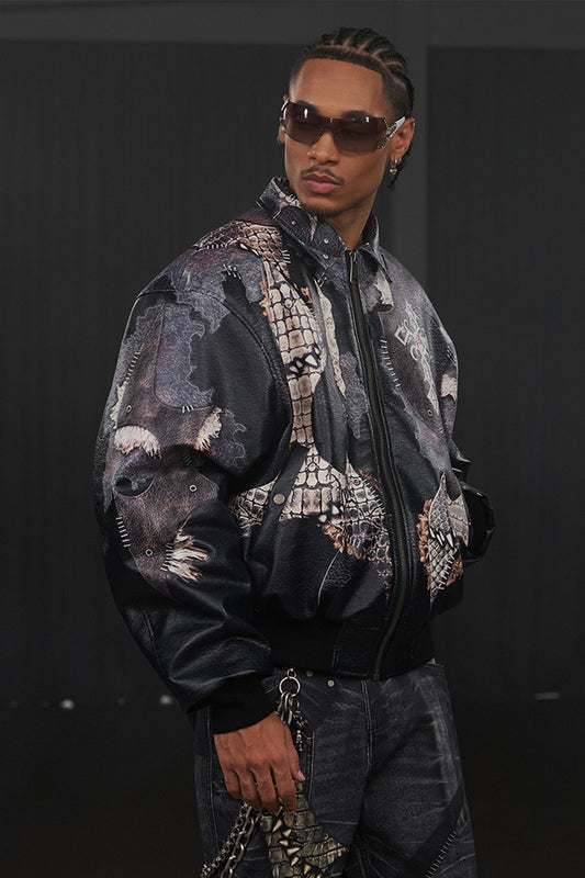 Jeweled Cross Spliced Pythonskin Leather Jacket