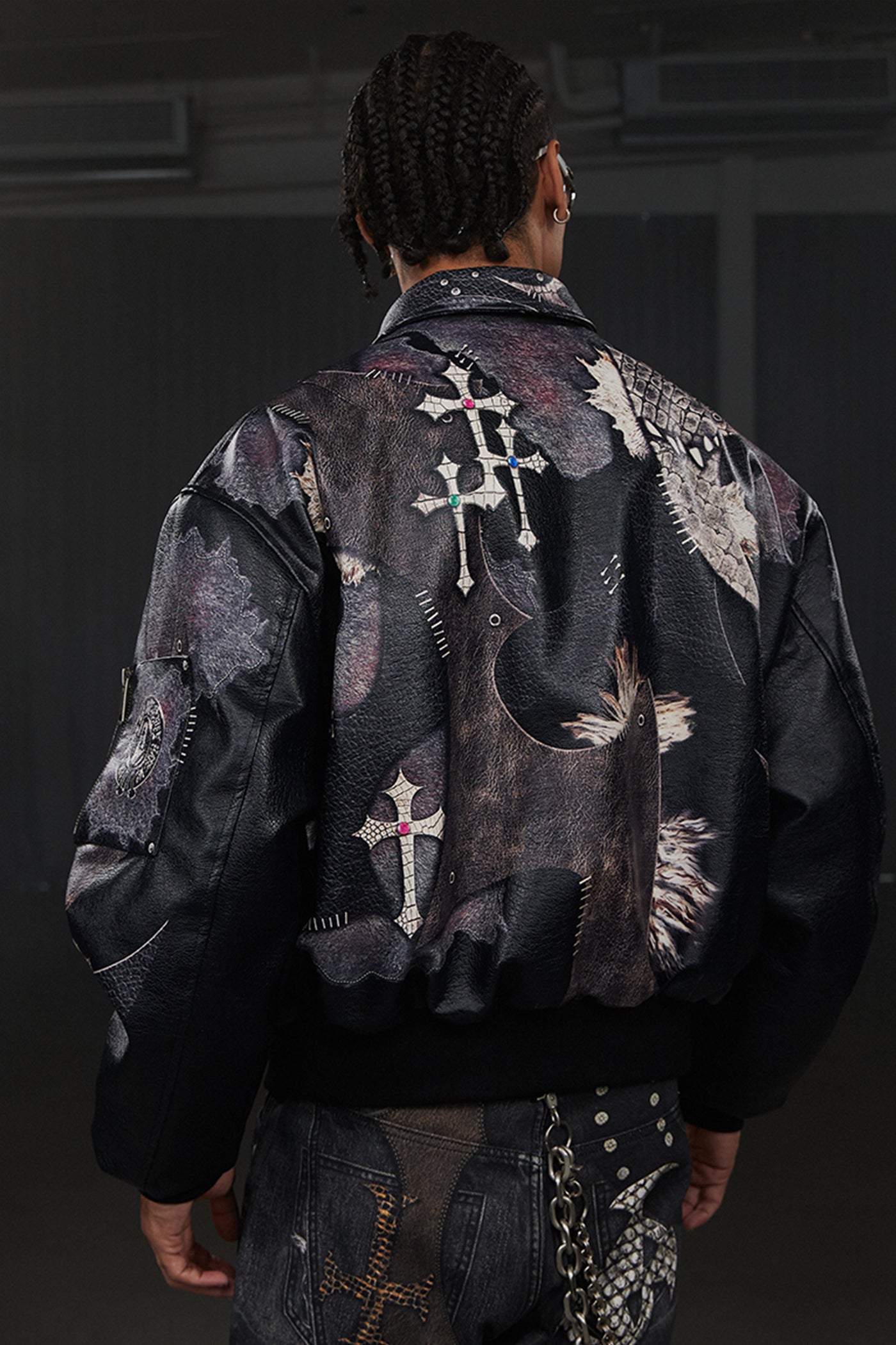 Jeweled Cross Spliced Pythonskin Leather Jacket