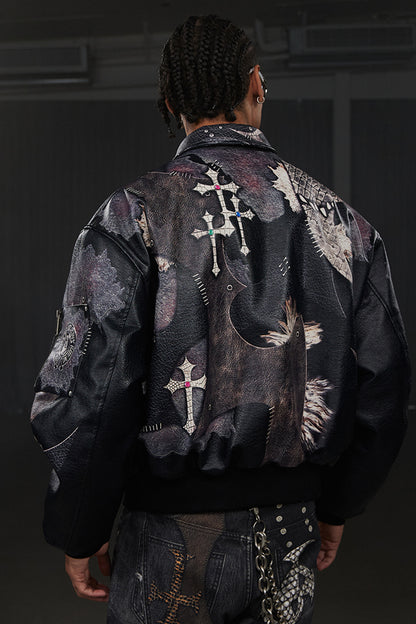 Jeweled Cross Spliced Pythonskin Leather Jacket