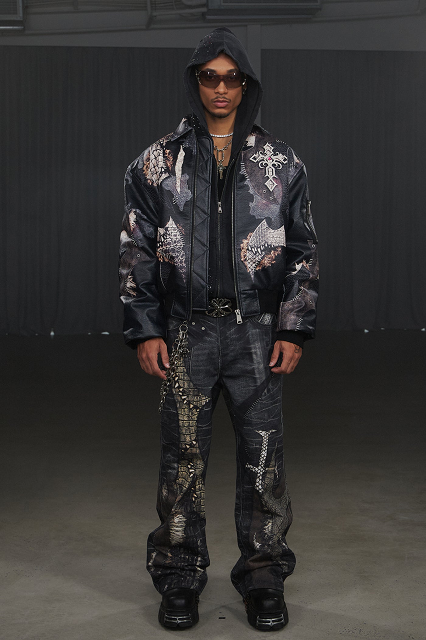 Jeweled Cross Spliced Pythonskin Leather Jacket