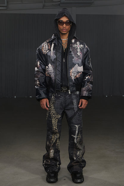 Jeweled Cross Spliced Pythonskin Leather Jacket