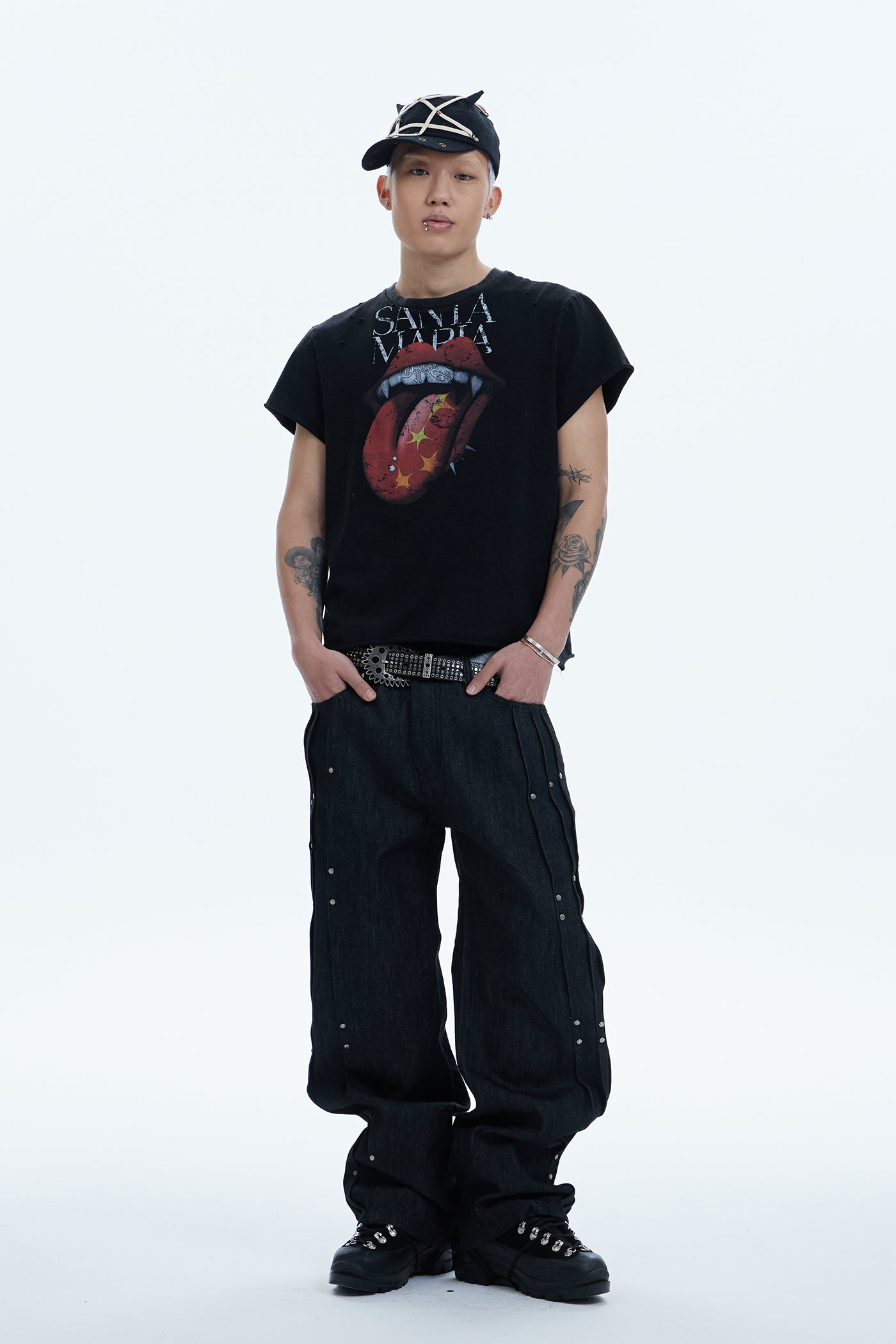 Punk Grailz Rolling Tongue Graphic Distressed Cut-Off Tee