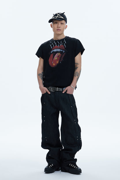 Punk Grailz Rolling Tongue Graphic Distressed Cut-Off Tee