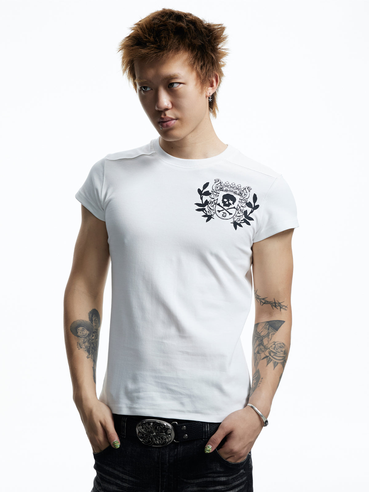 Skull Badge Shoulder Cut Short Sleeve