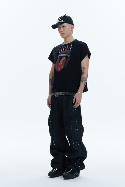 Punk Grailz Rolling Tongue Graphic Distressed Cut-Off Tee