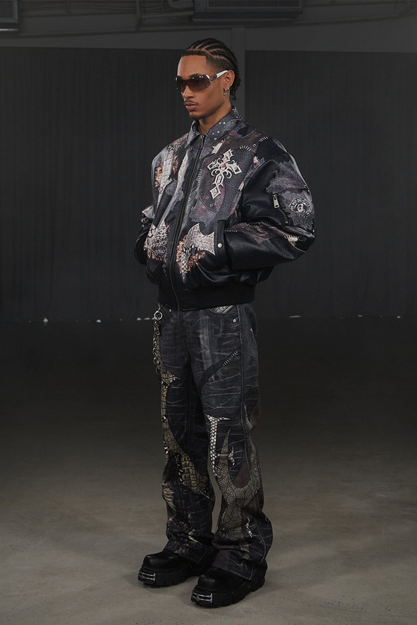 Jeweled Cross Spliced Pythonskin Leather Jacket