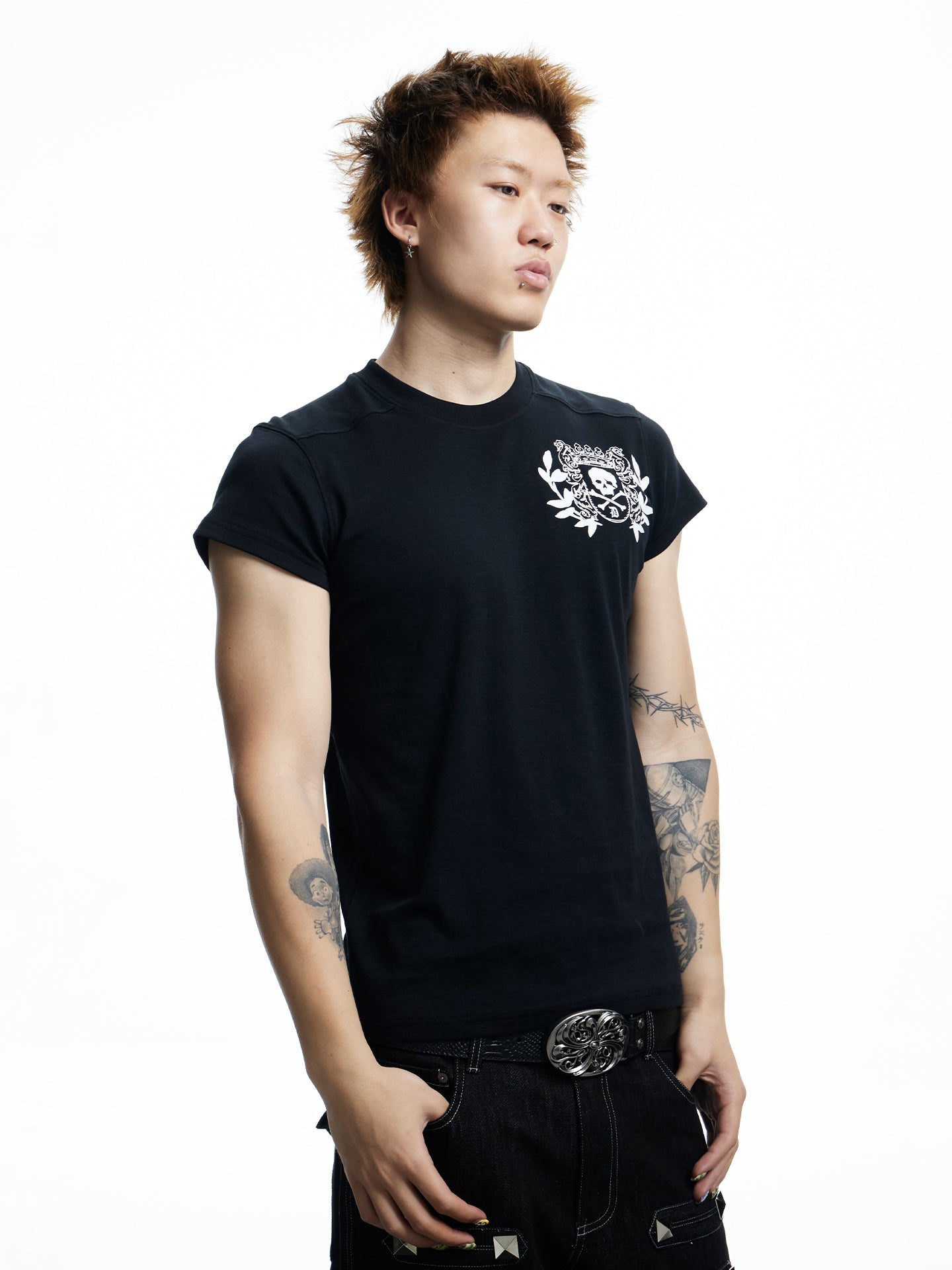 Skull Badge Shoulder Cut Short Sleeve