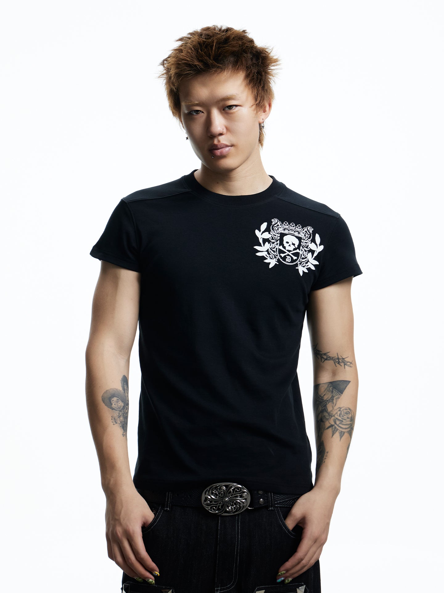 Skull Badge Shoulder Cut Short Sleeve