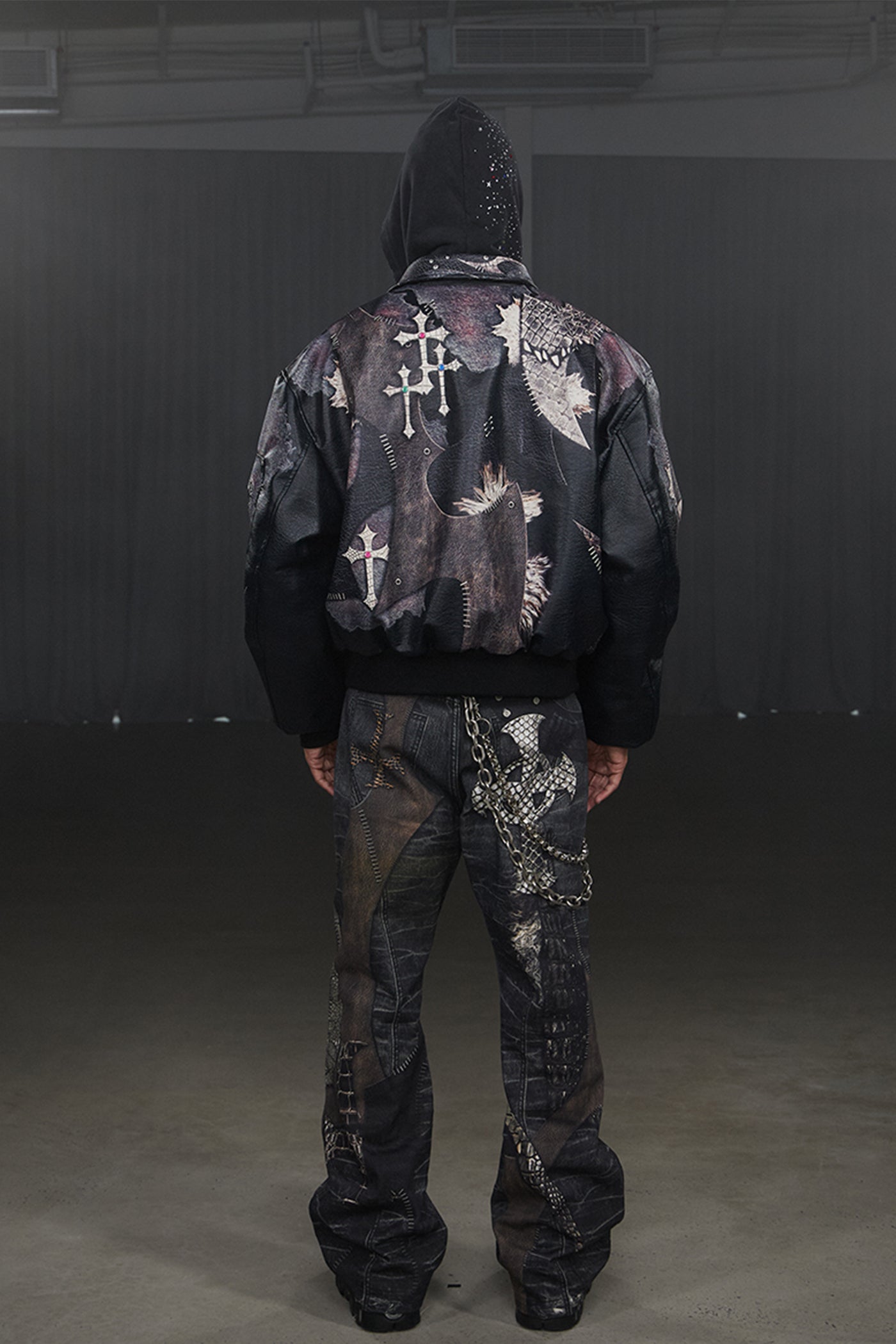 Jeweled Cross Spliced Pythonskin Leather Jacket