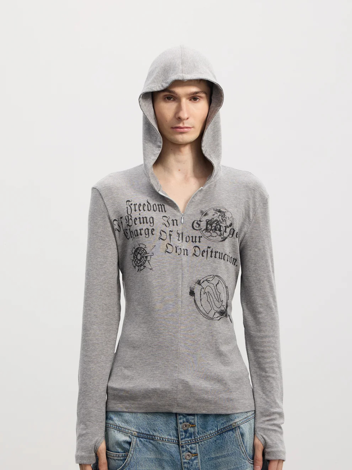 Gothic Graphic Half-Zip Hooded Long-Sleeve Top - image 1 of 7