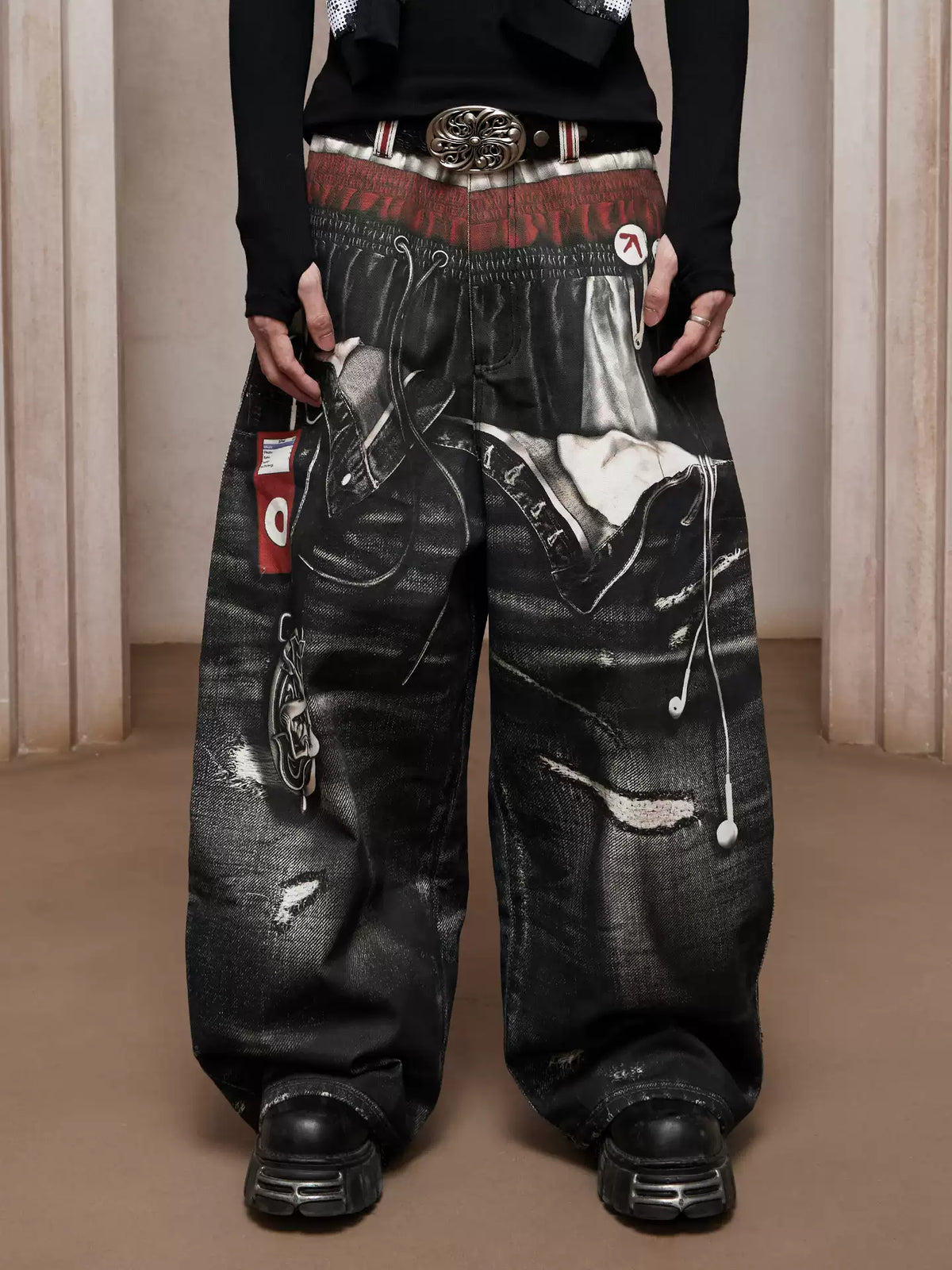 Trompe-l’œil Sports-Layered Printed Baggy Jeans
