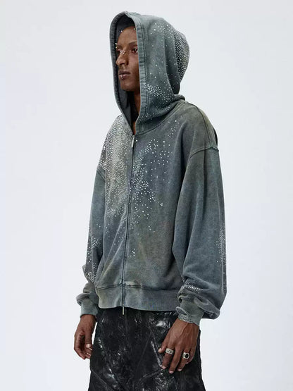 Rhinestone Distressed Mud-Dyed Zip-up Hoodie