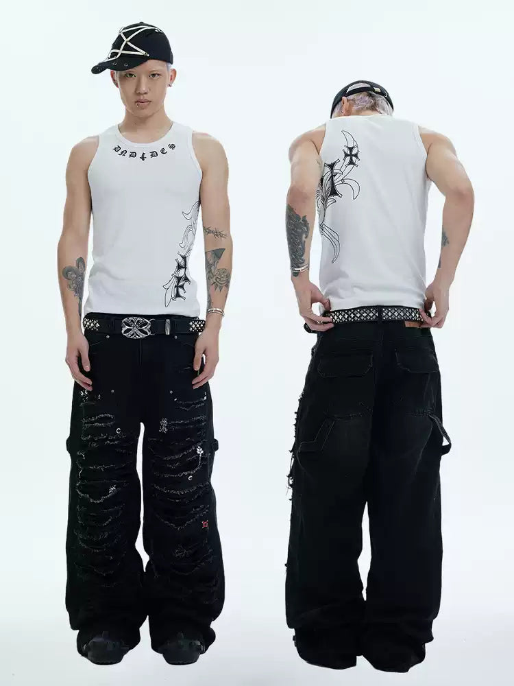 Heavy-Distressed Jewel Rivet-Paneled Washed Baggy Jeans
