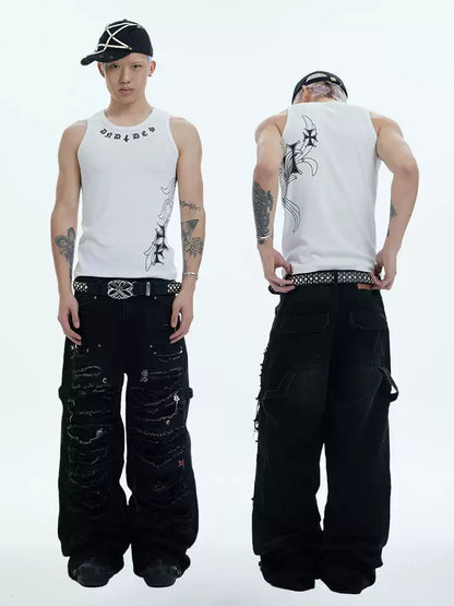 Heavy-Distressed Jewel Rivet-Paneled Washed Baggy Jeans