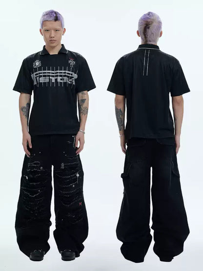 Heavy-Distressed Jewel Rivet-Paneled Washed Baggy Jeans