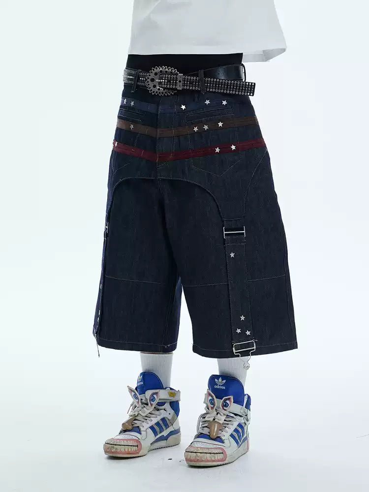 Triple Suede-Strapped Star-Rivet Harness Denim Shorts