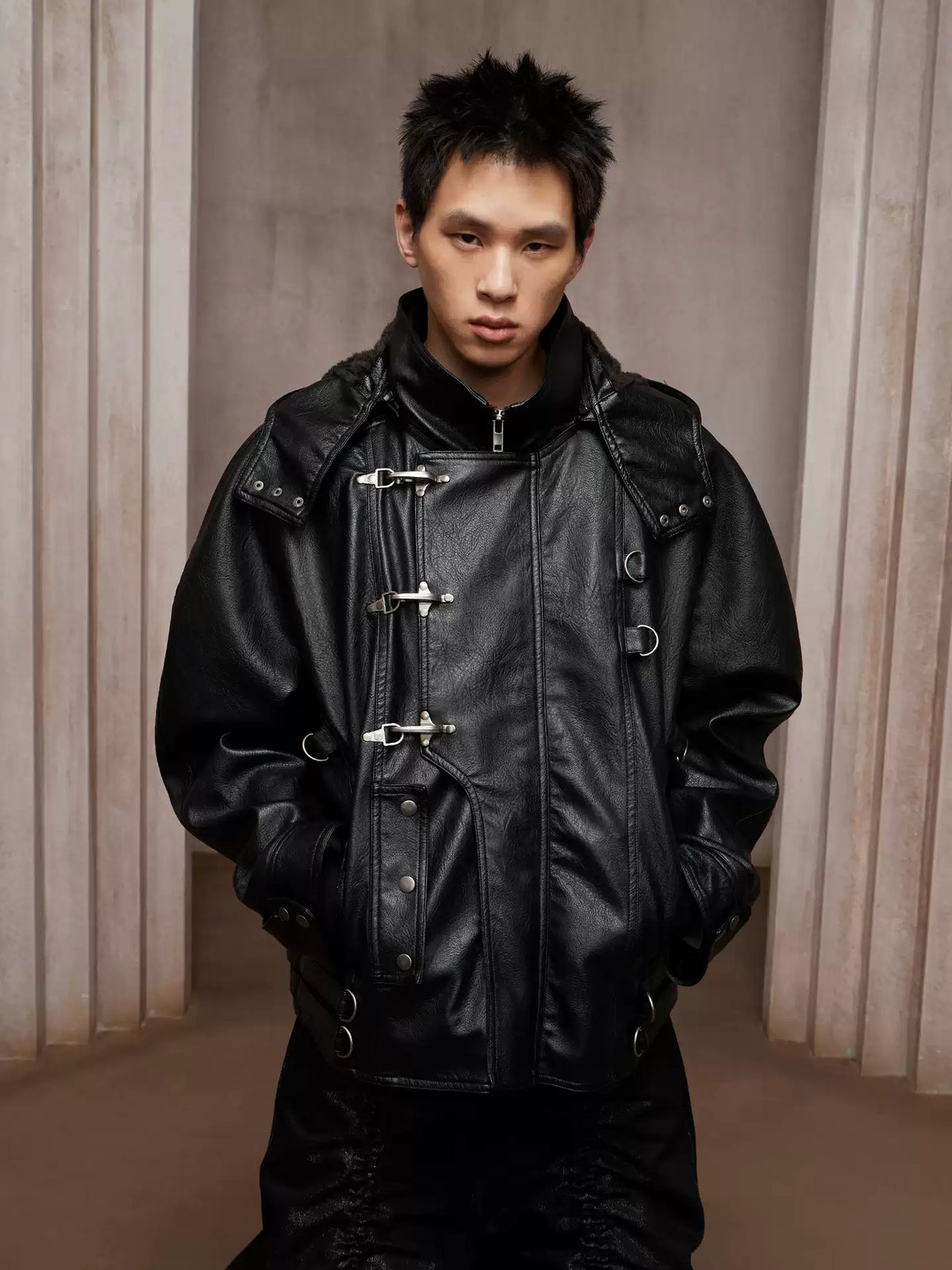 Dark Hardware Buckled Hooded Leather Biker Jacket