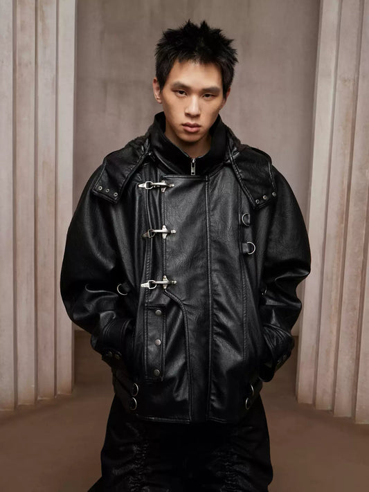Dark Hardware Buckled Hooded Leather Biker Jacket