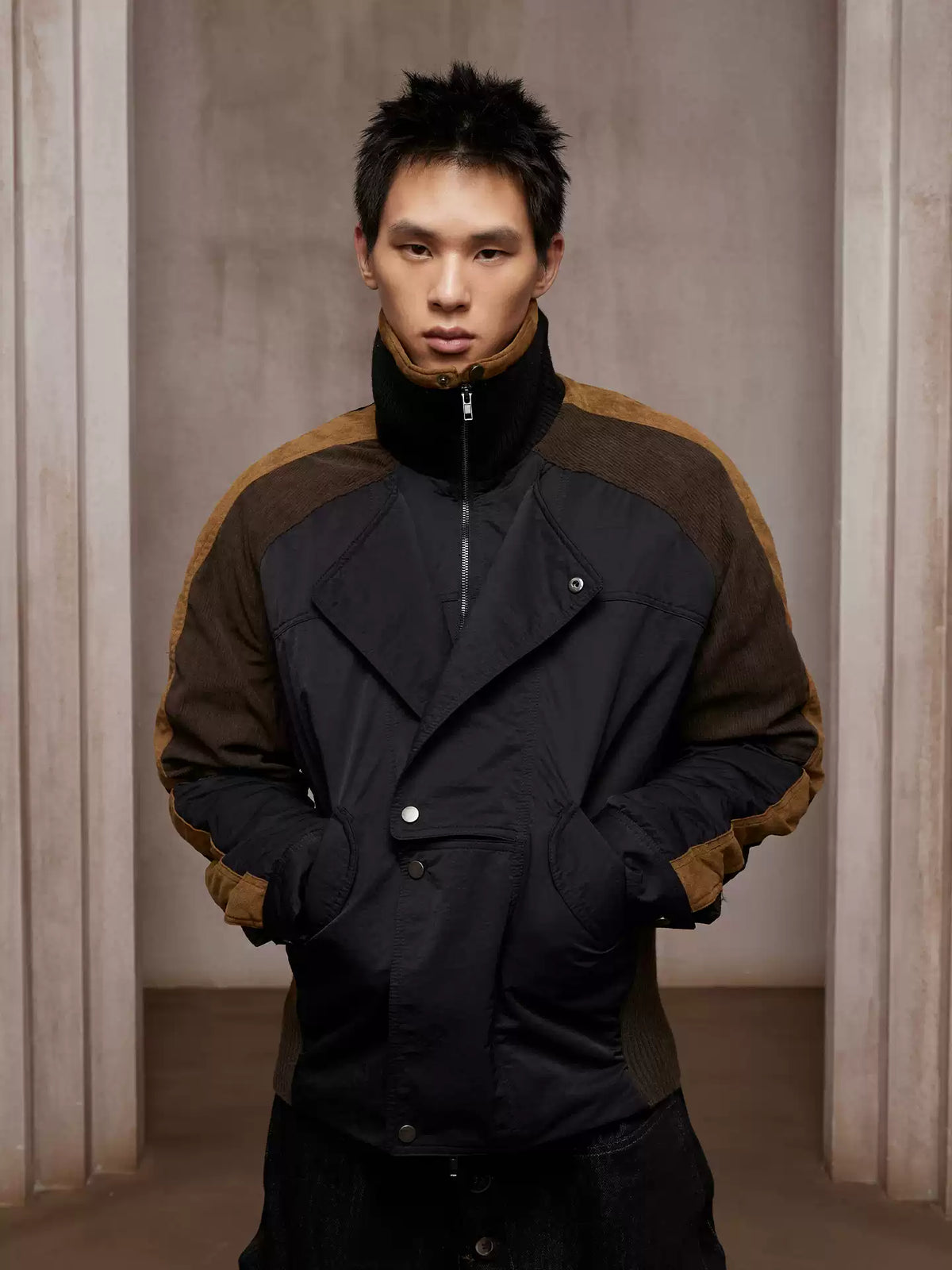 Asymmetric Front Suede-Corduroy Panel Padded Jacket (black X cosmic orange)
