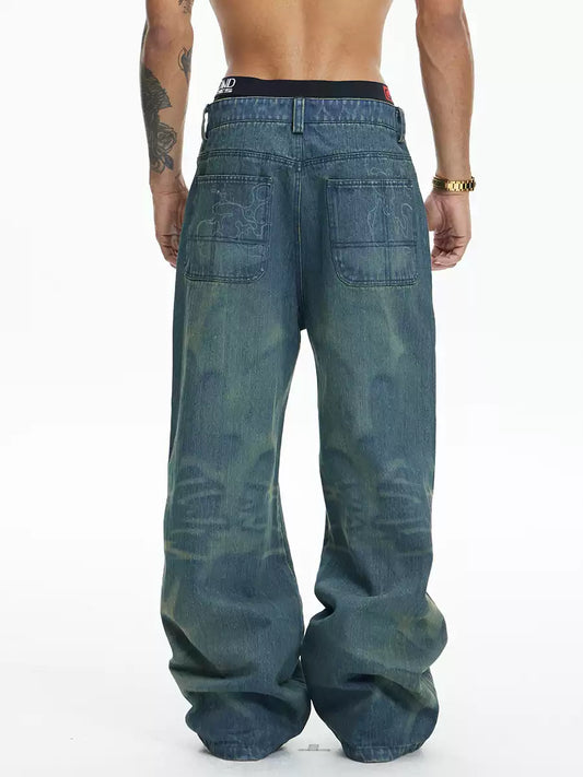 Laser Burning Ocean Straight Leg Jeans