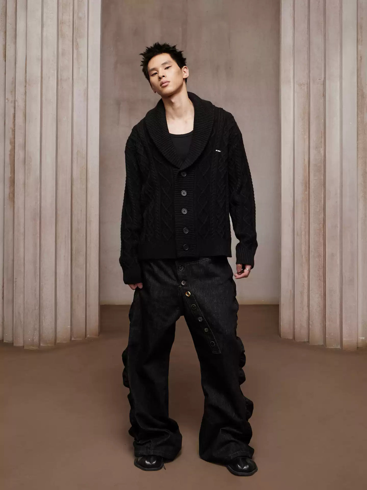 Asymmetric Button Fly Side-Ruched Raw Denim