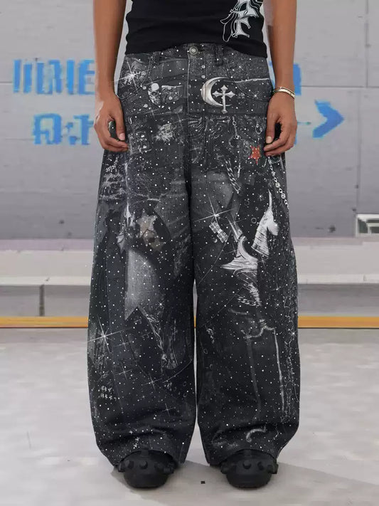 Rhinestone-Studded Armour Print Baggy Pants