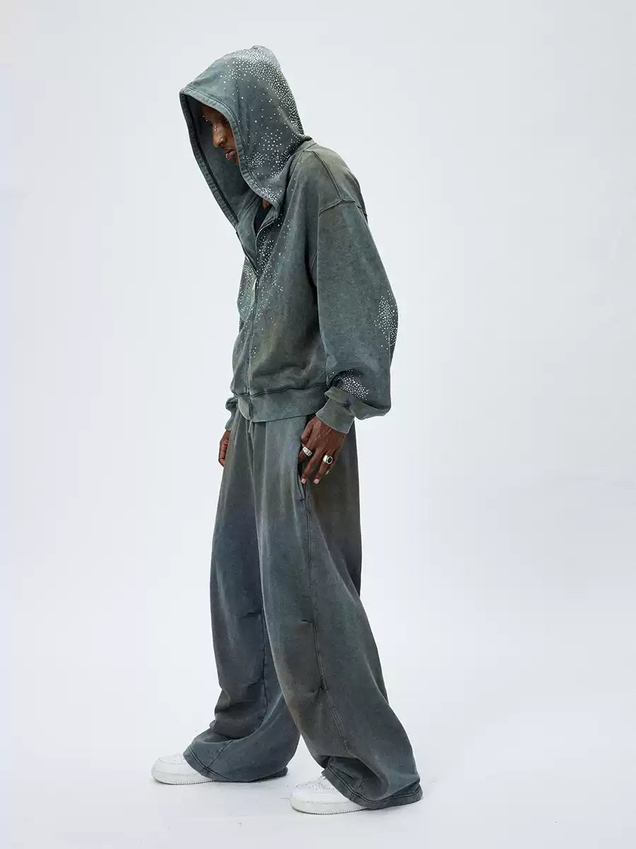 Rhinestone Distressed Mud-Dyed Zip-up Hoodie