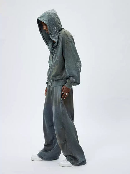Rhinestone Distressed Mud-Dyed Zip-up Hoodie