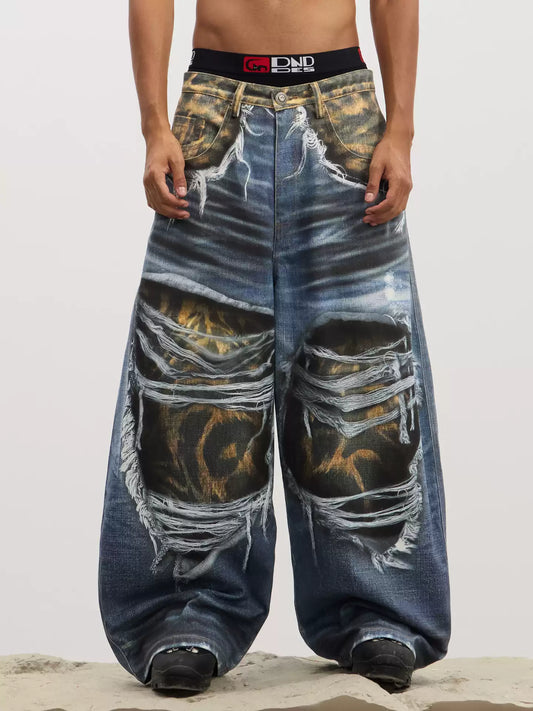 Ripped Leopard Layer Washed Print Jeans