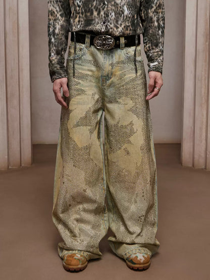 28K Crystal-Studded Dual-Wash A-Line Denim(mud)