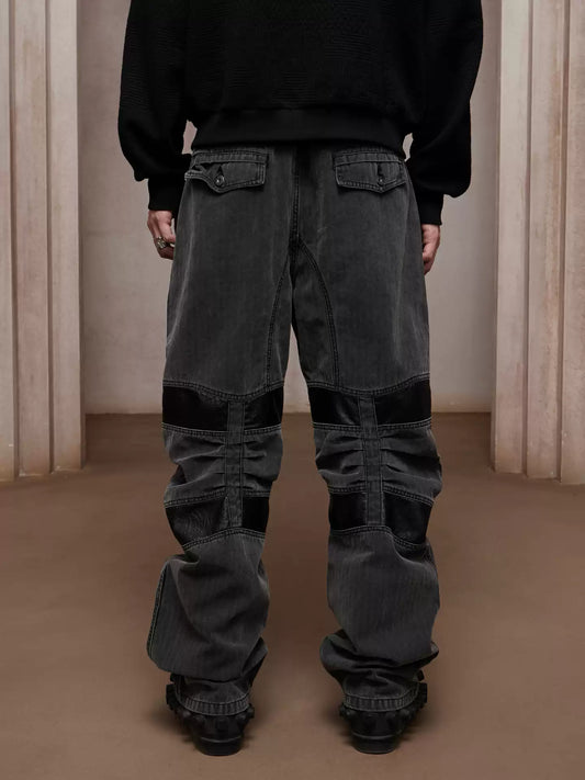 Heavy Washed Leather-Panel Utility Cargo Jeans