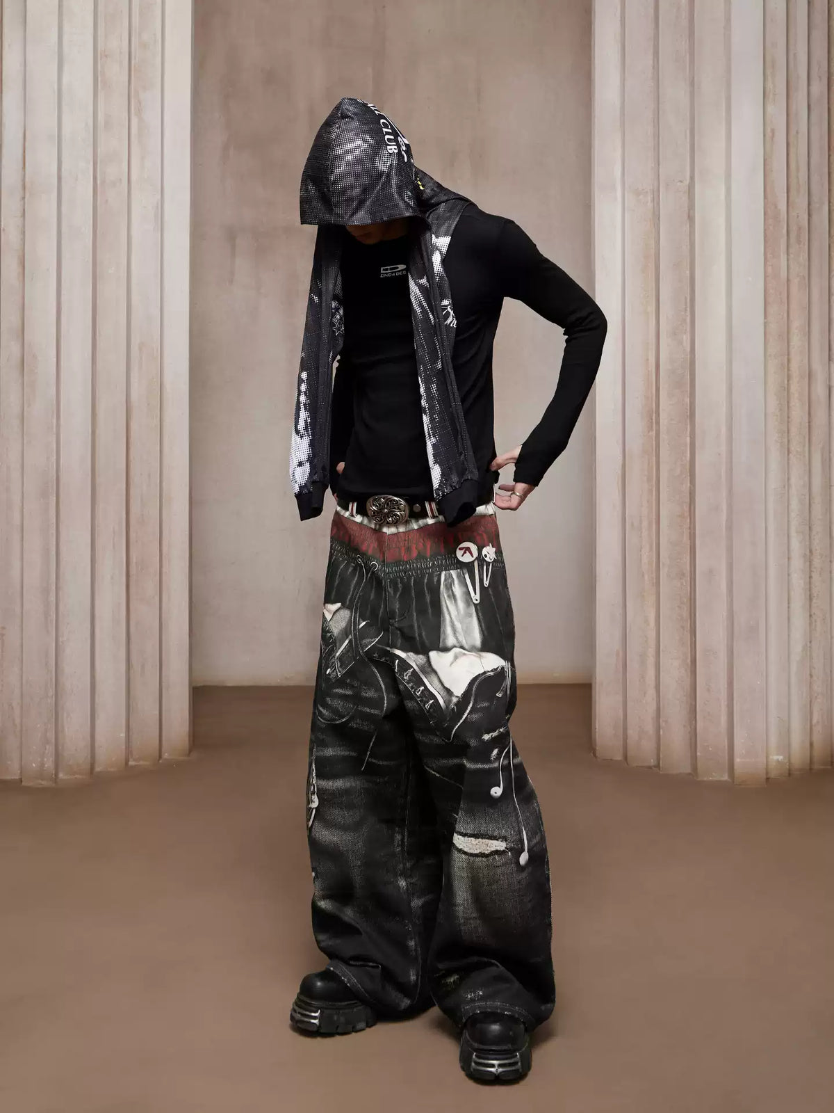 Trompe-l’œil Sports-Layered Printed Baggy Jeans
