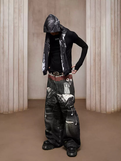 Trompe-l’œil Sports-Layered Printed Baggy Jeans