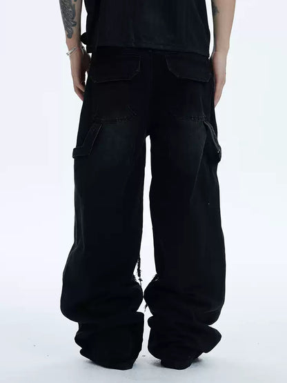 Heavy-Distressed Jewel Rivet-Paneled Washed Baggy Jeans