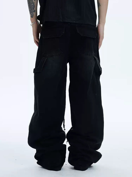 Heavy-Distressed Jewel Rivet-Paneled Washed Baggy Jeans