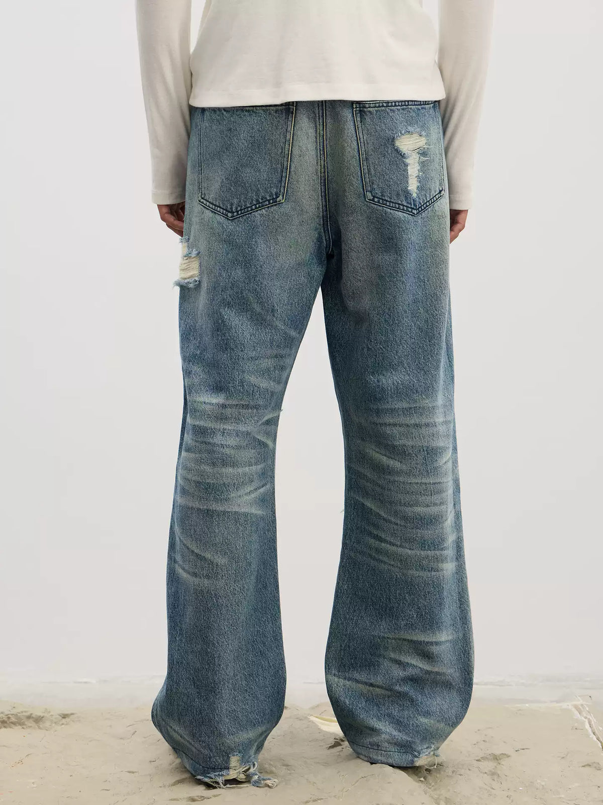 Ripped Metallic-Panel Washed Blue Flared Jeans