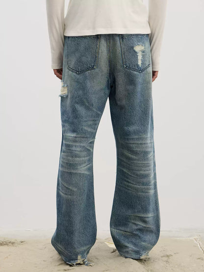 Ripped Metallic-Panel Washed Blue Flared Jeans