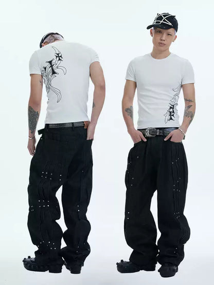 Multi Pleats Asymmetric Riveted Raw Denim Wide-Leg Jeans