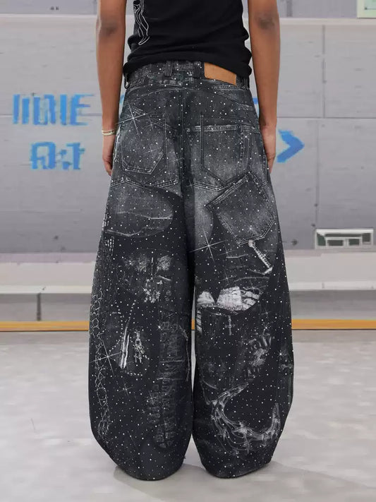 Rhinestone-Studded Armour Print Baggy Pants
