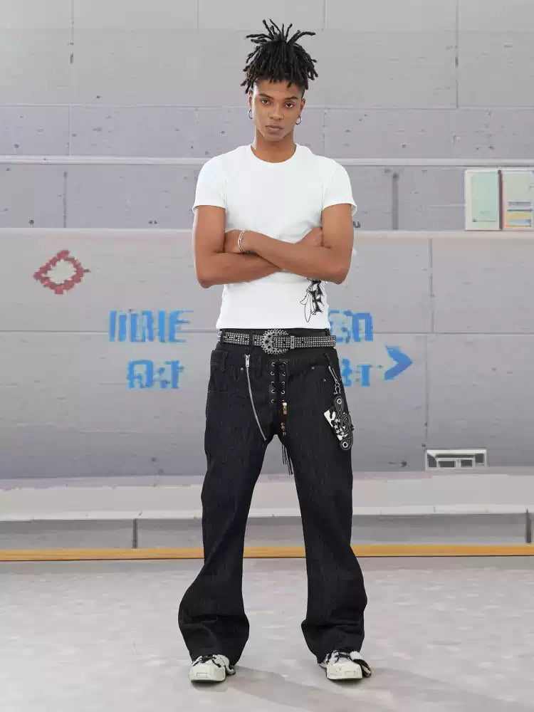 Slanted Zipper Lace-Up Double-Waistband Raw Denim Jeans