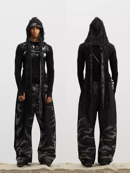 Tiger-Whisker Heat-Pressed Studded Curved Blade Raw Denim