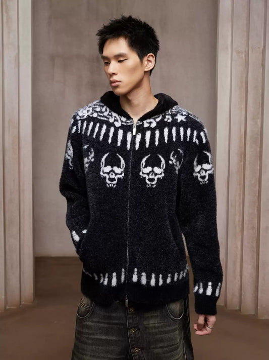 Faux Mink Skull & Bullet Zip-Up Hooded Jacket