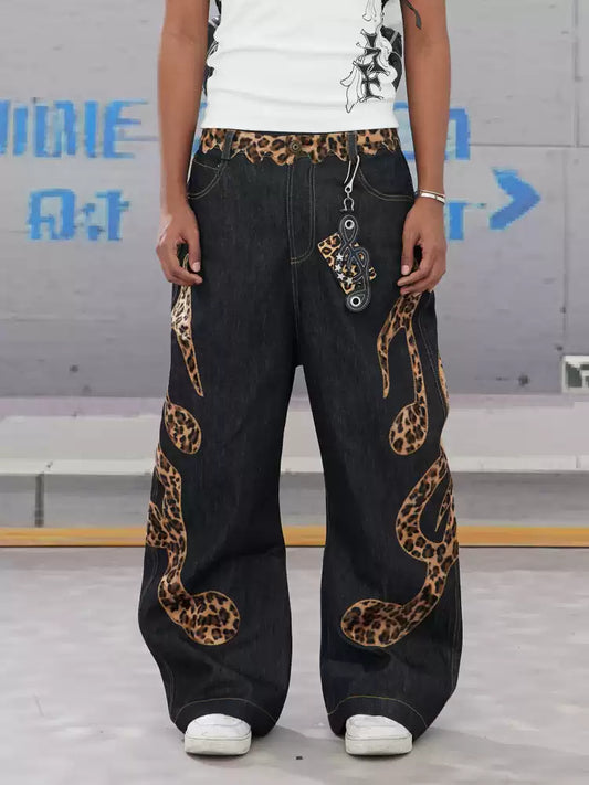 Genuine Haircalf Leopard Leather Note Embroidery Baggy Raw Denim Jeans