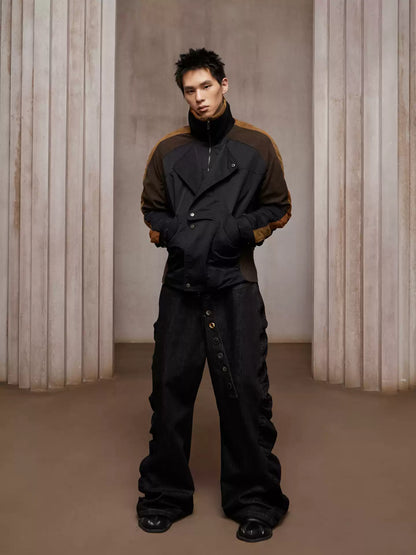 Asymmetric Front Suede-Corduroy Panel Padded Jacket (black X cosmic orange)