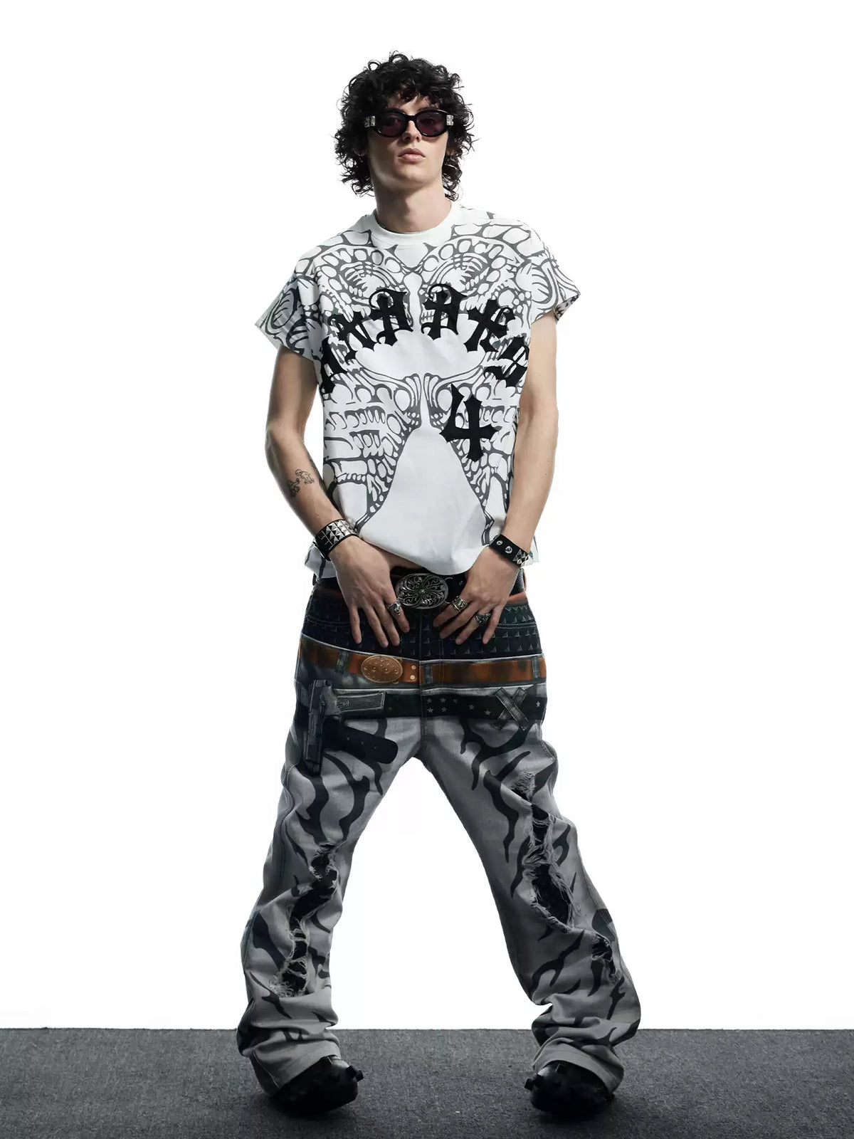Pistol Print Double-Waistband Baggy Pants