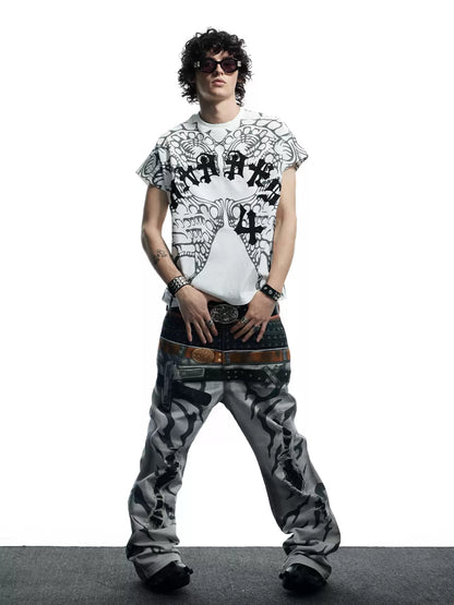 Pistol Print Double-Waistband Baggy Pants
