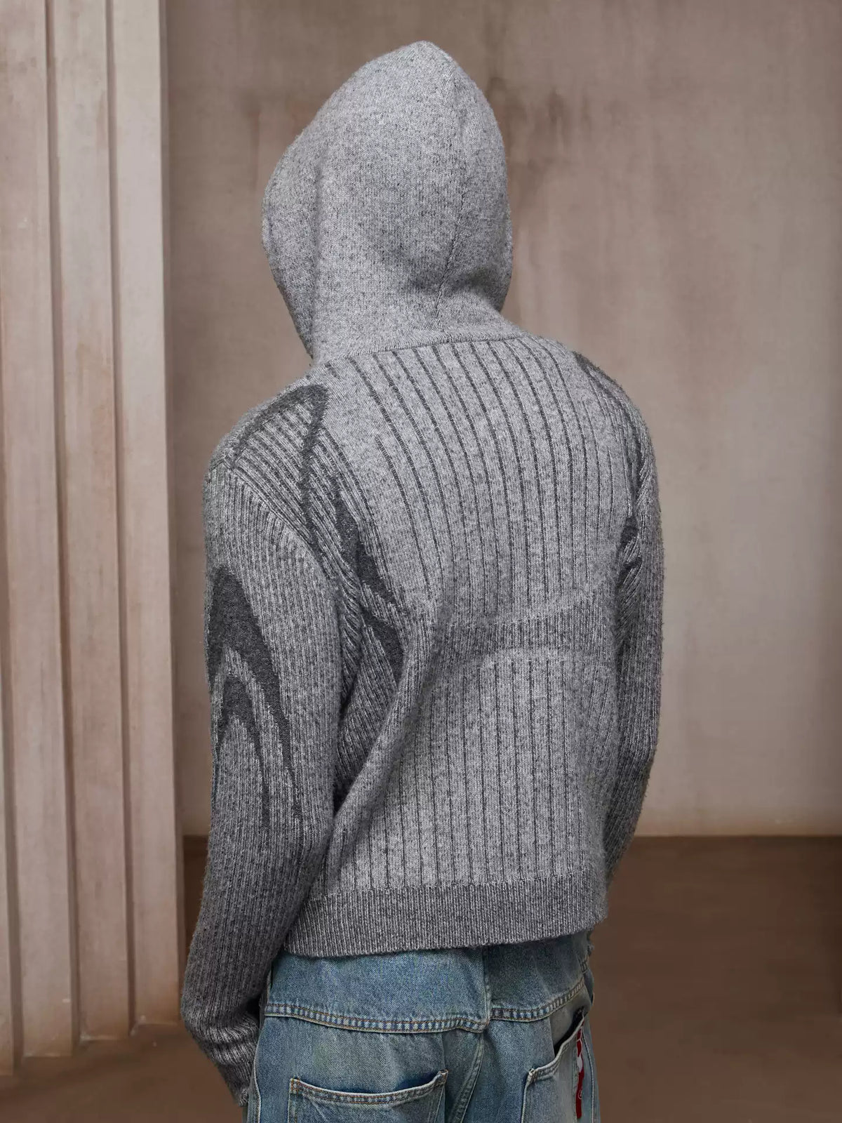 Structured Two-Tone Ribbed Knit Zip-Up Hoodie