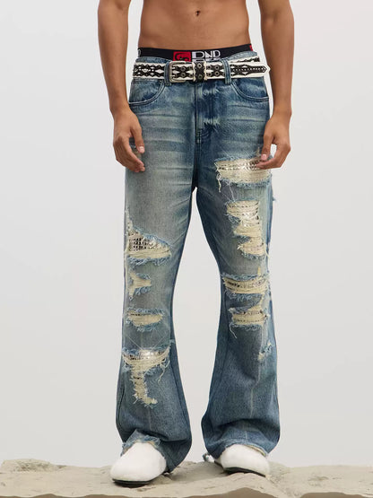 Ripped Metallic-Panel Washed Blue Flared Jeans