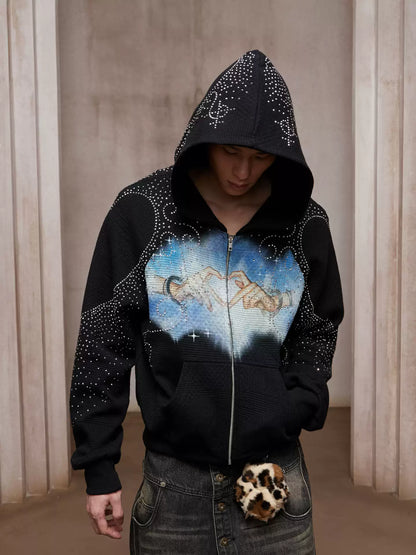 Dreamcore Rhinestone Heart Hands Waffle Zip-Up Hoodie Jacket